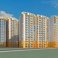 Modern High Rise Residential Building with Yellow and White Exterior in Open Green Area Under Blue Sky