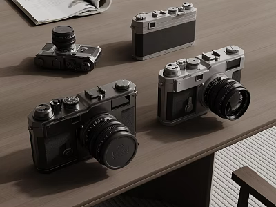 Vintage Style Cameras Displayed On Wooden Desktop 3d model