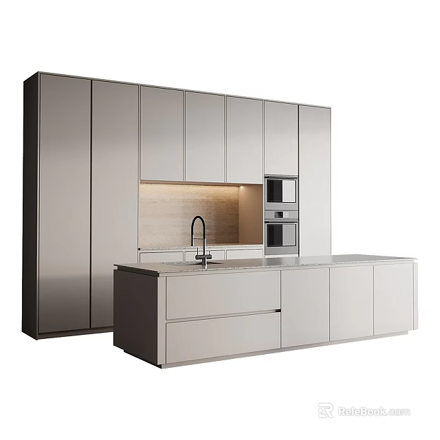 Sleek Modern Kitchen Interior Design With Gray Cabinets Island Countertop Built-in Oven And Faucet 3d model 