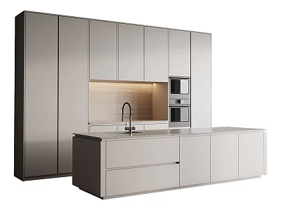 Sleek Modern Kitchen Interior Design With Gray Cabinets Island Countertop Built-in Oven And Faucet 3d model