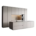 Sleek Modern Kitchen Interior Design With Gray Cabinets Island Countertop Built-in Oven And Faucet