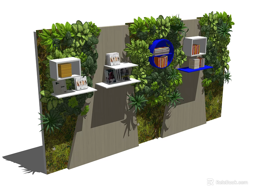 Vertical Living Plant Wall Featuring White Display Shelves And Blue Circular Accents 3d model 