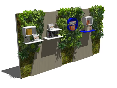 Vertical Living Plant Wall Featuring White Display Shelves And Blue Circular Accents 3d model