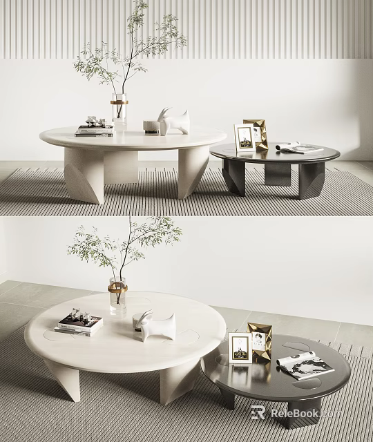 Modern Round Coffee Table With Decorative Vase Books And Small Figurines In Living Room 3d model 