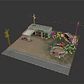 Modern Minimart Scene With Gas Pumps Outdoor Seating And Utility Poles