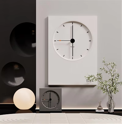 Modern Minimalist Square White Wall Clock With Black Hands And Green Plant Decor 3d model