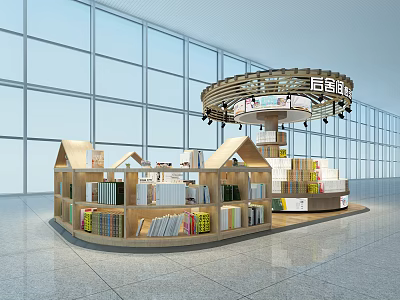 Shopping Mall Store With House Shaped Wooden Shelves And Book Displays Near Large Windows 3d model