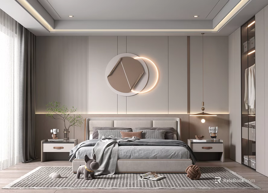 Modern Bedroom Interior Design With Round Decorative Mirror Striped Wall And Area Rug 3d model 