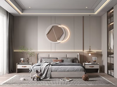 Modern Bedroom Interior Design With Round Decorative Mirror Striped Wall And Area Rug 3d model