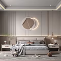 Modern Bedroom Interior Design With Round Decorative Mirror Striped Wall And Area Rug