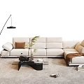 Modern L Shaped Beige Sofa and Glass Coffee Table Set With Throw Pillows Blanket 3d model