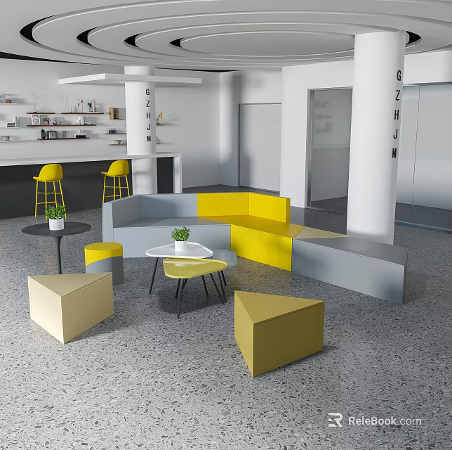 Modern Casual Lounge Area With Yellow Gray Curved Sofa Small Coffee Tables And Potted Plants 3d model 