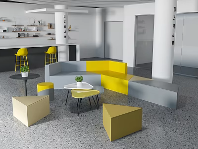Modern Casual Lounge Area With Yellow Gray Curved Sofa Small Coffee Tables And Potted Plants 3d model