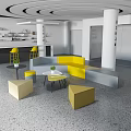 Modern Casual Lounge Area With Yellow Gray Curved Sofa Small Coffee Tables And Potted Plants