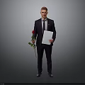 Businessman Standing In Formal Suit Holding Single Red Rose And Blank White Paper