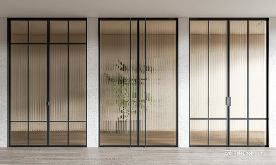 Modern Interior Glass Doors With Black Frames And Potted Plant 3d model 