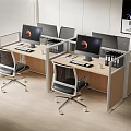 Modern Office Desks With Computer Monitors In Partitioned Workstations And Ergonomic Chairs 3d model