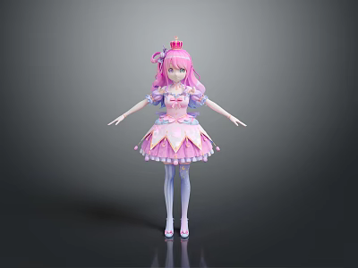 Elegant Pink Haired Princess Character In Frilly Dress With Crown White Stockings And Decorative Details 3d model
