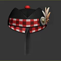 Black Traditional Hat With Red Pom Pom Feather Round Badge And Red White Checkered Band