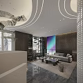 Elegant Modern Lounge Area Interior With Sofa Coffee Tables Decorative Painting And Modern Lighting
