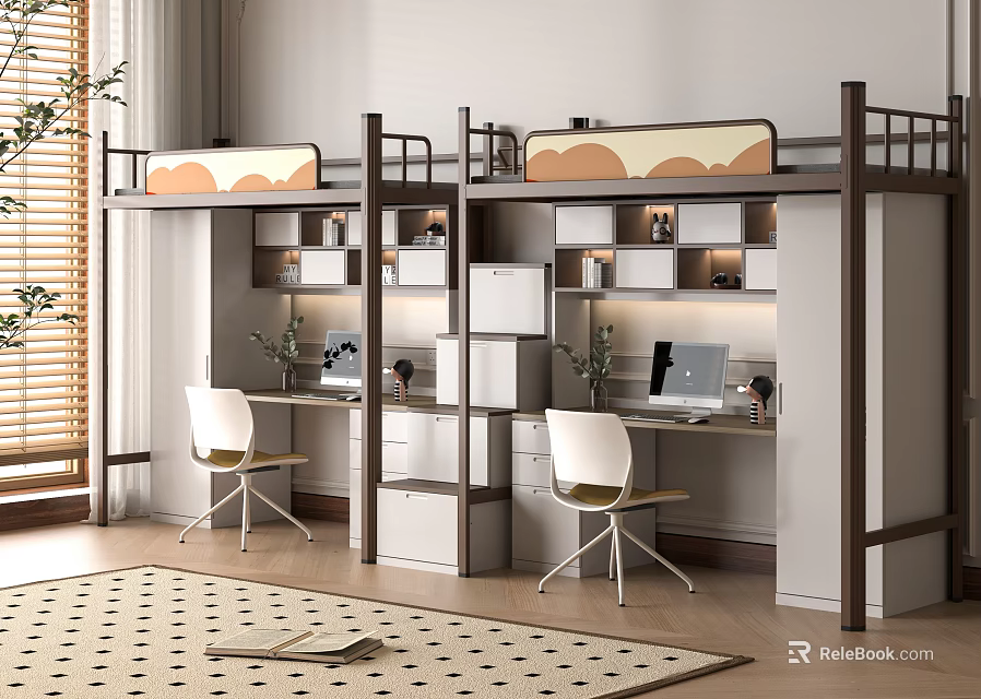 Modern Bunk Bed Design With Desks Bookshelves Storage And Chairs In Bedroom 3d model 
