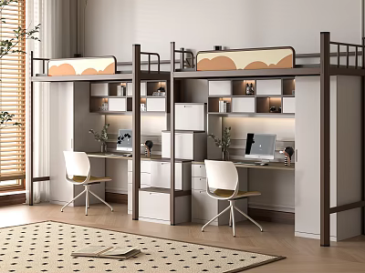 Modern Bunk Bed Design With Desks Bookshelves Storage And Chairs In Bedroom 3d model