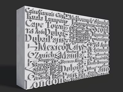 Creative Feature Wall Design With City Names Typography And Word Cloud Art 3d model