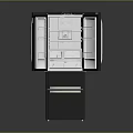 Modern Black French Door Refrigerator With Bottom Drawer And Interior Compartments