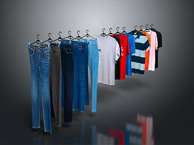 Row of Hanging Clothing Featuring Jeans and Various Colored T-shirts 3d model