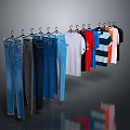 Row of Hanging Clothing Featuring Jeans and Various Colored T-shirts