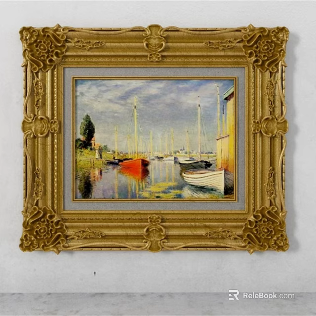 Photo Wall Decor Featuring Golden Carved Frame Landscape Painting With Sailboats Water Trees And Buildings 3d model 