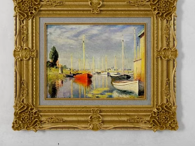 Photo Wall Decor Featuring Golden Carved Frame Landscape Painting With Sailboats Water Trees And Buildings 3d model