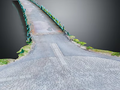 Waterfront Walkway Design With Cobblestone Pavement Green Railings And Grass 3d model
