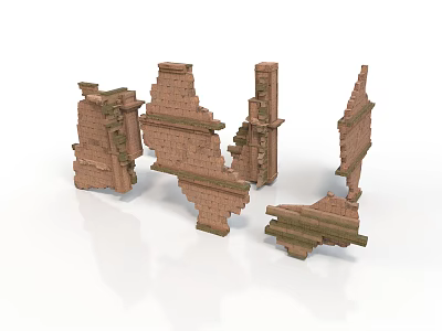 Ancient Building Ruins with Brick Wall Fragments and Column Remains Structures 3d model