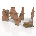 Ancient Building Ruins with Brick Wall Fragments and Column Remains Structures