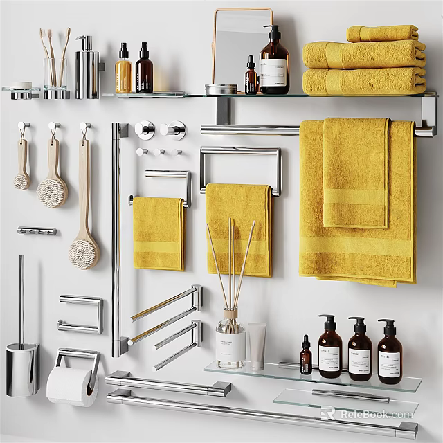 Essential Stylish Bathroom Accessories with Yellow Towels Towel Racks Bottles Brushes and Shelves 3d model 