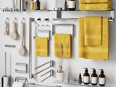 Essential Stylish Bathroom Accessories with Yellow Towels Towel Racks Bottles Brushes and Shelves 3d model