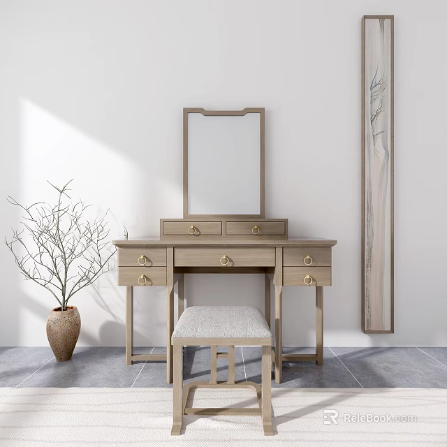 Stylish Light Wood Dressing Table With Mirror Drawers And Stool Interior 3d model 