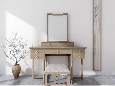 Stylish Light Wood Dressing Table With Mirror Drawers And Stool Interior 3d model