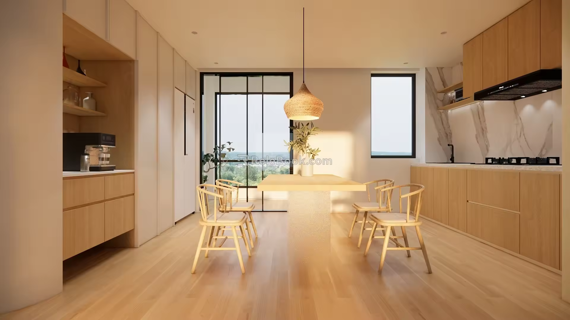 Open Kitchen Marble Bar Table Island Table Leather Single Chair Cabinet Storage Rack Induction Cooker 3d model