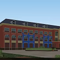 Colorful School Building With Red And Blue Walls Multiple Arched Windows And Green Lawns