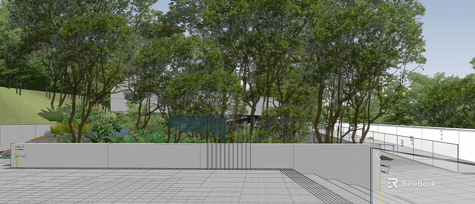 Garden Landscape Design with Lush Trees Paved Courtyard and White Wall Greenery 3d model 