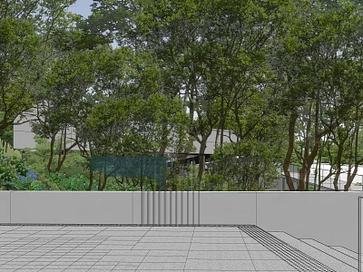 Garden Landscape Design with Lush Trees Paved Courtyard and White Wall Greenery 3d model