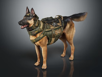 German Shepherd Dog Standing With Camouflage Tactical Vest And Gear 3d model