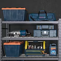 Metal Storage Shelf with Blue Toolboxes Drill and Ladder for Garage Organization