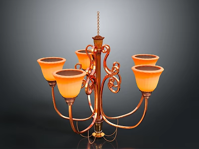 Vintage Copper Chandelier With Curved Design And Five Orange Glass Shades 3d model