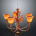 Vintage Copper Chandelier With Curved Design And Five Orange Glass Shades