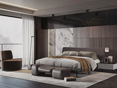 Modern Bedroom Interior With Large Bed Gray Beige Bedding Brown Armchair And Floor to Ceiling Windows 3d model