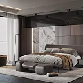 Modern Bedroom Interior With Large Bed Gray Beige Bedding Brown Armchair And Floor to Ceiling Windows