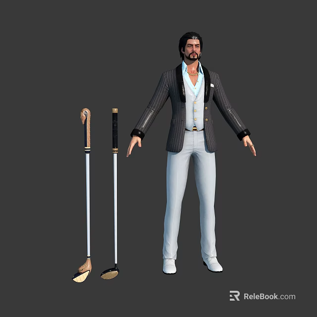 Man In Striped Blazer White Vest White Pants Standing With Two Canes Brown Black Handles 3d model 